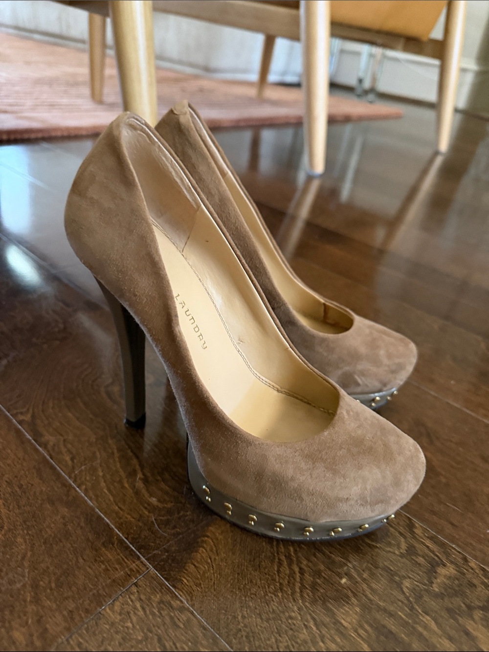 Chinese Laundry Taupe Suede Platform Pumps with Stud Accents